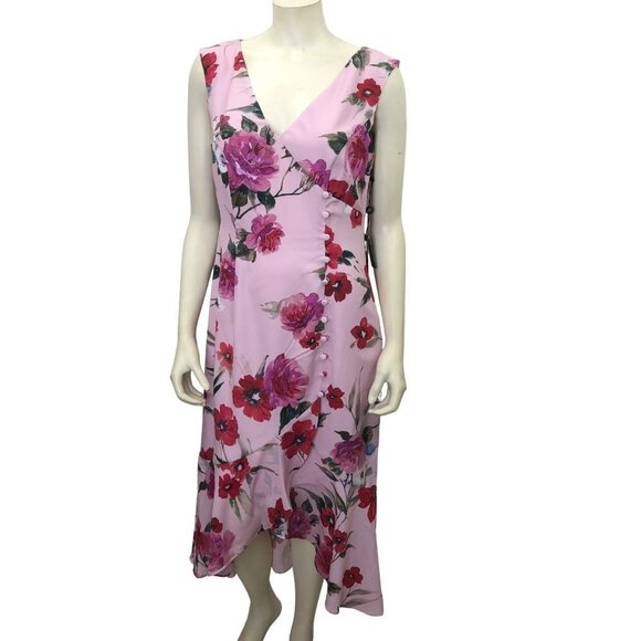 ADRIANNA PAPELL $159 Ruffled Floral V Neck Midi Sheath Dress size 8 NEW WITH TAG - Picture 1 of 14